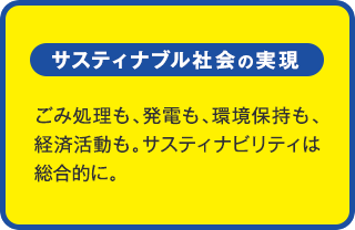 サスティナブル社会の実現：ごみ処理も、発電も、環境保持も、経済活動も。サスティナビリティは総合的に。